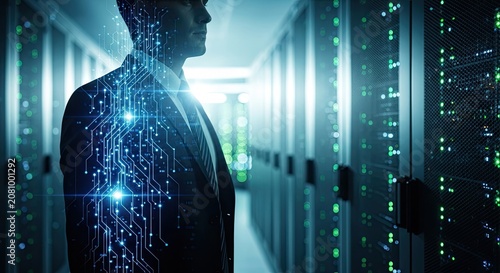 Businessman in server room with digital circuit overlay technology concept