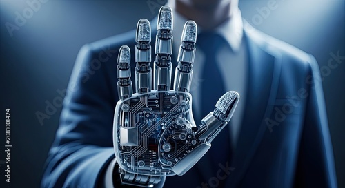 Cybernetic hand extending from business suit futuristic technology concept
