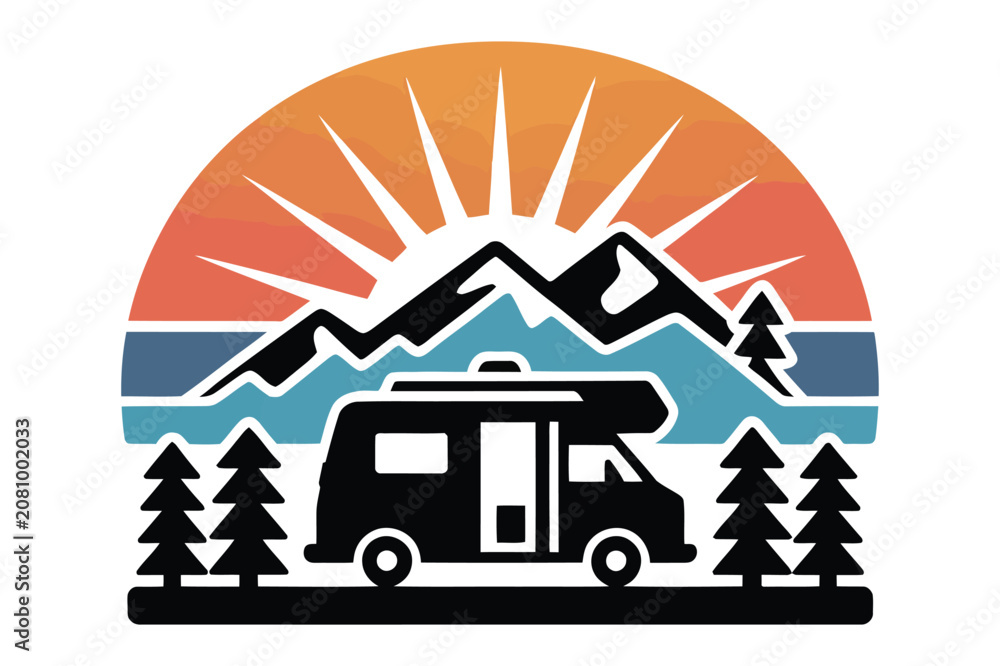 Fototapeta premium Camper van in mountain landscape sunset circular badge with mountains, wilderness