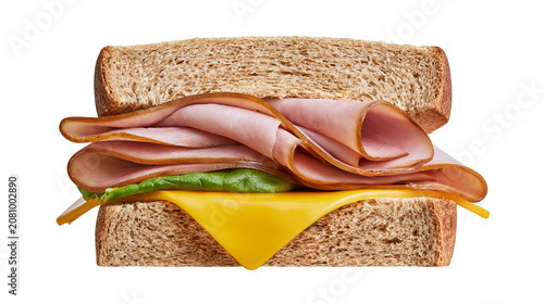 Fotografía Hearty ham and cheese sandwich with lettuce on whole wheat bread, isolated on tr