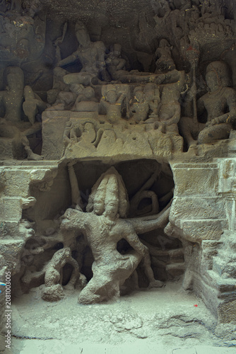 Kailasa Temple Ravan carved in stone with lifting Kailasa in Ellora caves Maharashtra 
