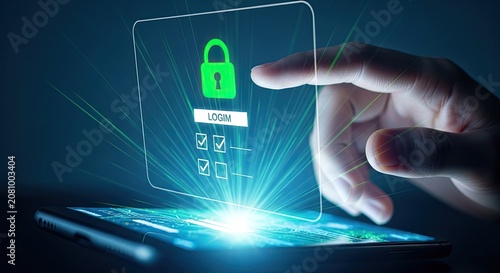 Mobile security finger touching holographic login screen with padlock icon