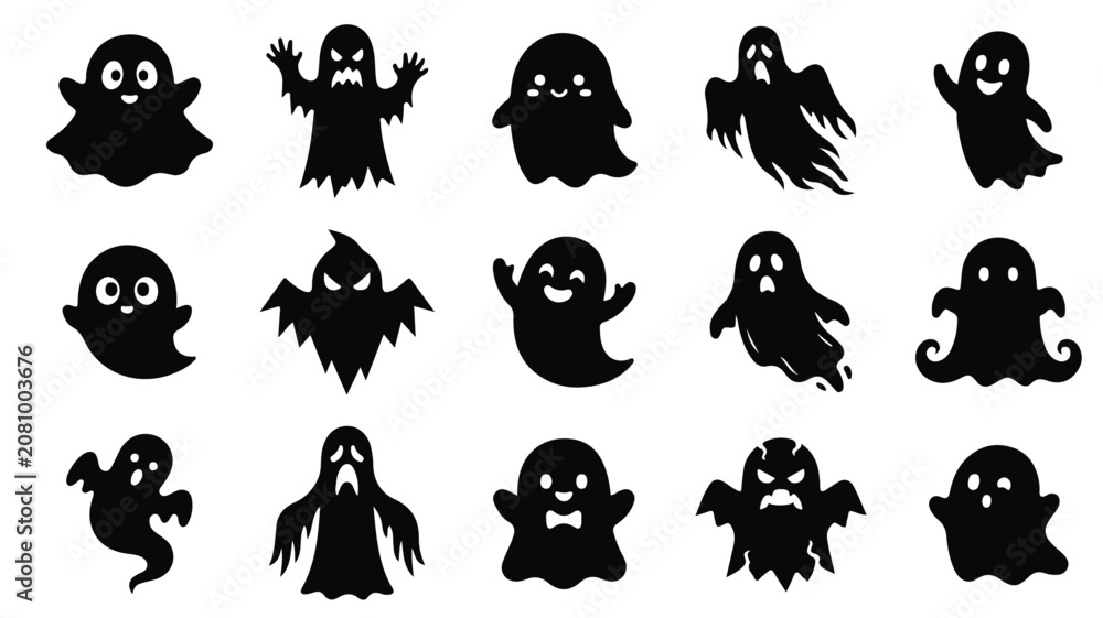 Obraz premium Halloween Specter Characters – Whimsical Black Ghost Illustrations for Seasonal Artwork
