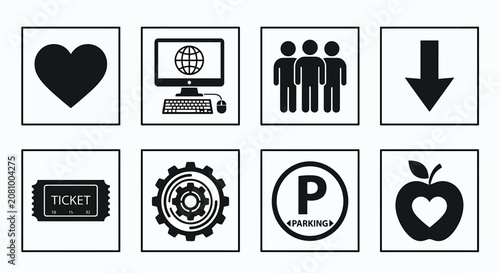 Collection Of Flat Black Icons On White Background