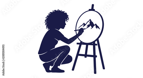 Artist Painting Mountain Landscape Dark Blue Silhouette On White Background