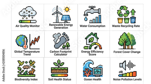 Comprehensive Environmental Monitoring and Sustainability Data Analysis Vector Icon Set for Corporate ESG Reporting