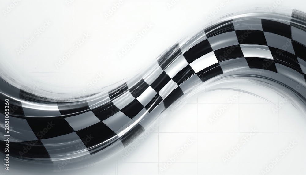 Obraz premium Wavy checkered flag pattern with motion blur effect. Black and white squares create dynamic race finish line graphic. Modern abstract background for auto sport design.