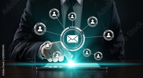 Email marketing network concept with businessman and digital interface