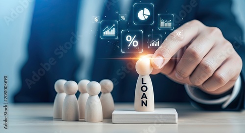Loan application process with financial data visualization and wooden figures