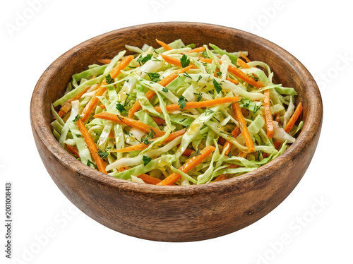 Wooden bowl filled with shredded carrots and cabbage isolated on a transparent background