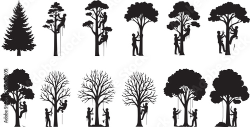 Konstfotografi Silhouettes of arborists climbing diverse trees against a white background in a