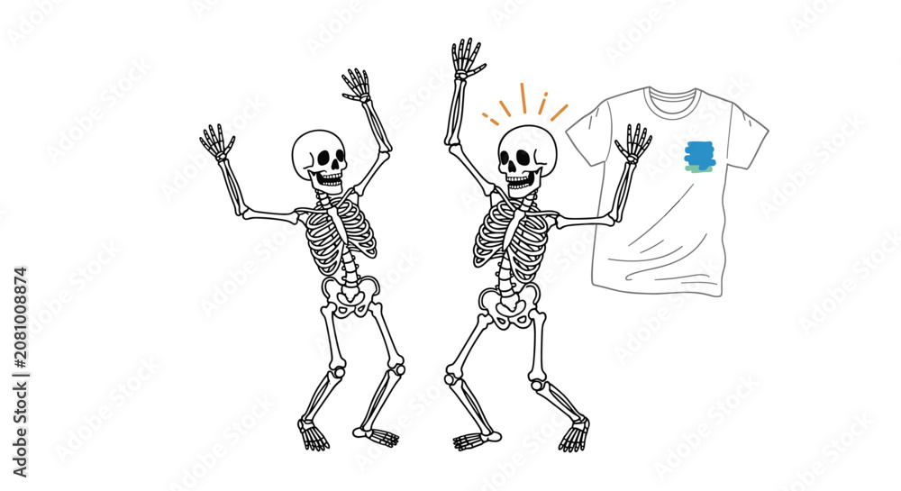 Fototapeta premium Two funny human skeletons dancing joyfully next to a plain white t-shirt that features a small blue and green abstract graphic design.