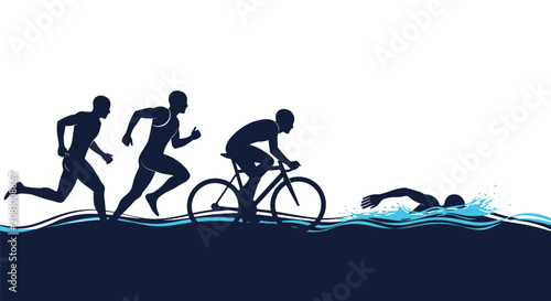 Silhouette illustrations of athletes competing in a triathlon event showing the stages of running, cycling, and swimming in the water.