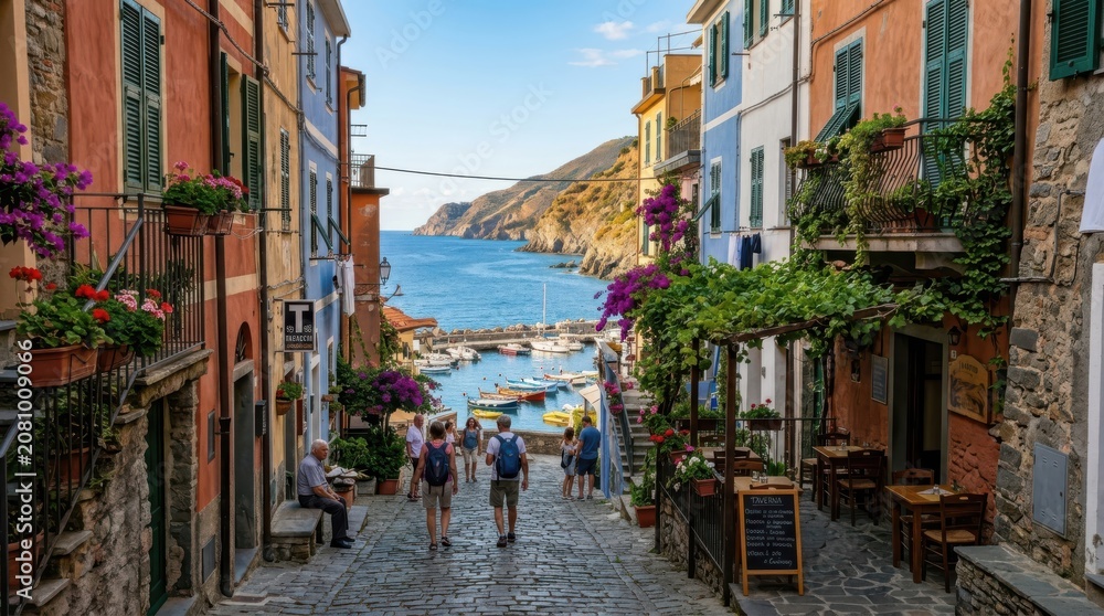 Obraz premium Colorful Mediterranean seaside village street, summer vacation travel and scenic nature scenery, high quality tourism and creative