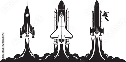 Obraz na plátně Three distinct rocket silhouettes launching with smoke trails against a white ba