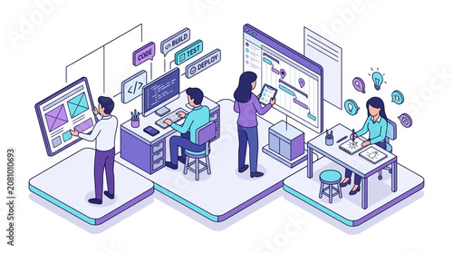 Tableau sur toile Software Development Life Cycle Isometric Illustration with Team Collaboration