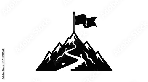 Obraz na płótnie Mountain Silhouette With Flag And Path Black On White Background