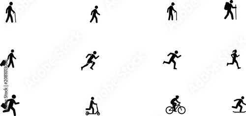 Collection of people engaging in various physical activities and transportation methods