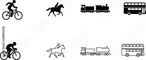 Transportation modes silhouette and line icons