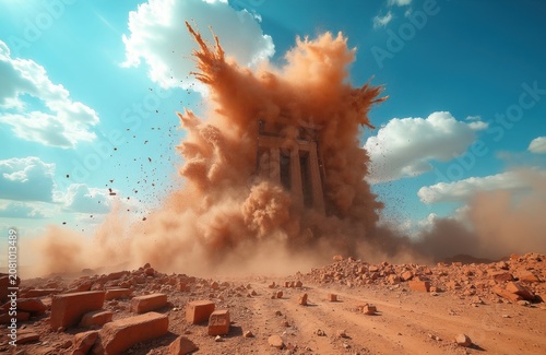 Building demolition with dust cloud erupting. Debris flies against blue sky. Controlled explosion eradicates old structure for urban renewal.