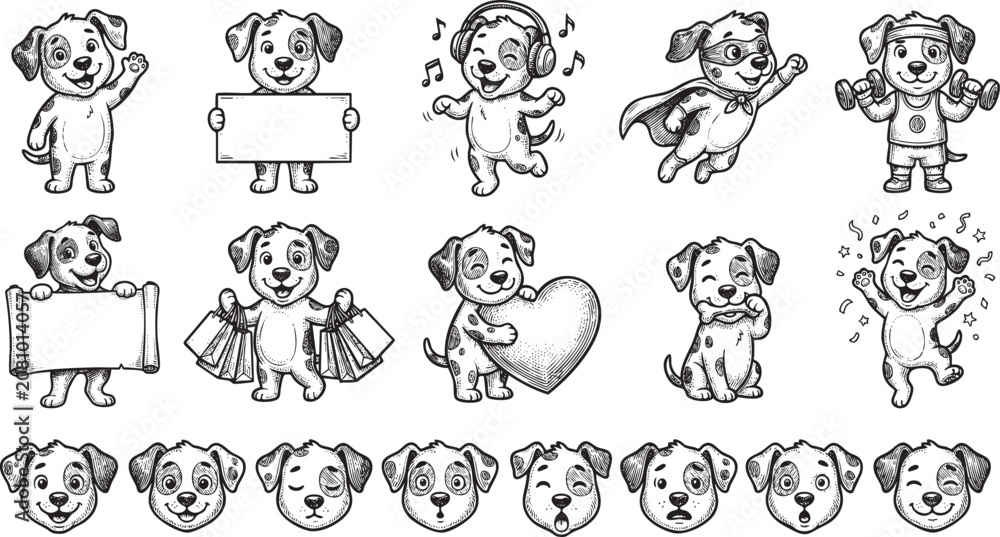 Fototapeta premium Dog Mascot Engraving Sketch Collection, Hand-Drawn Vector Vintage Woodcut Cute Puppy Poses and Emoji Expressions Set.