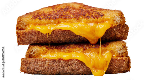 Obraz na plátně Golden brown toasted bread with melted cheddar cheese oozing out, isolated on tr