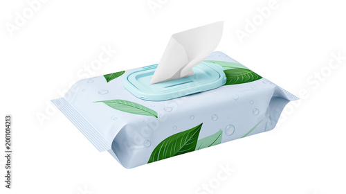 Cuadro en lienzo Pack of wet wipes with green leaves and water drops pattern, isolated on transpa