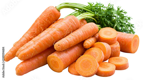 Obraz na płótnie Heap of fresh orange carrots with green leafy tops sliced and whole, isolated on