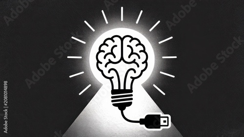 Brain Power Concept with Lightbulb and USB Cable in Black and White Illustration
