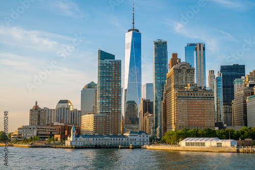One World Trade Center towers above Battery Park City skyscrapers along Hudson River