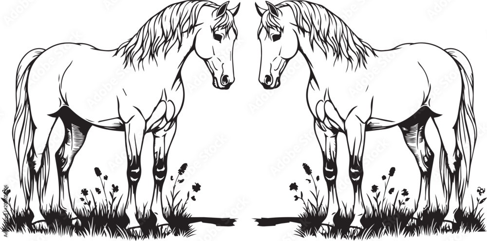 Fototapeta premium Two horses standing in grass with their heads touching during daytime