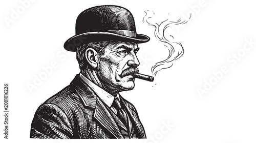 Bild auf Leinwand Gentleman Smoking Cigar in Vintage Engraved Portrait Style