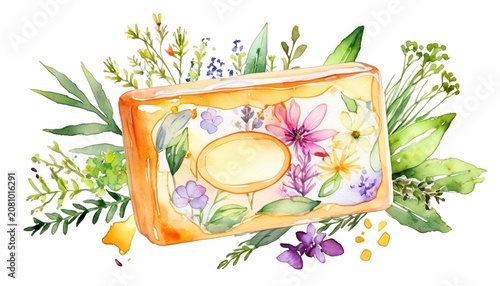 Watercolor soap surrounded by herbs and petals, pastel palette