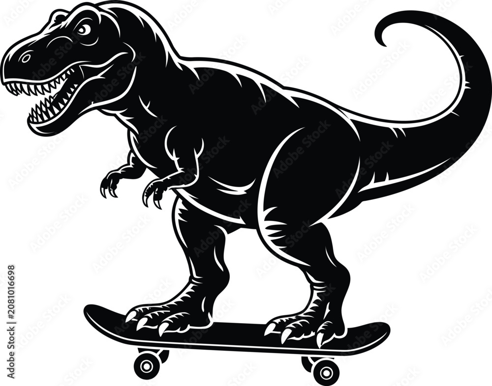 Fototapeta premium Black and white of a tyrannosaurus rex dinosaur riding a skateboard, isolated t-rex prehistoric de