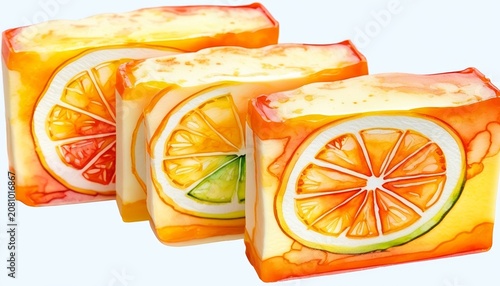 Watercolor soap with sliced citrus fruits, soft pastel gradient