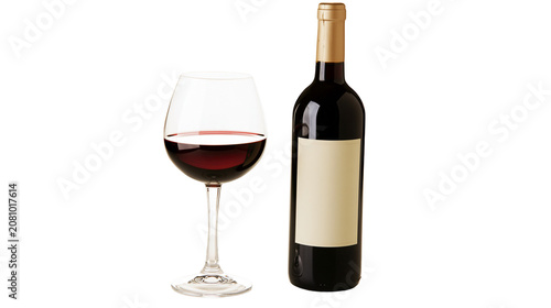 Foto Dark red wine bottle with blank label and full wine glass, isolated on transpare