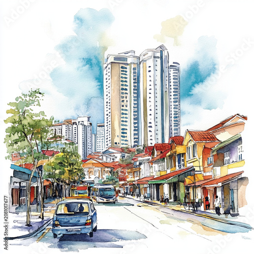 Malaysian Urban Street with High Rise Buildings Watercolor Illustration generative ai