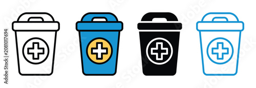 Cuadro en lienzo Medical waste icon collection, healthcare biohazard disposal symbols in colorful, filled and outline styles for hospital safety and environmental management