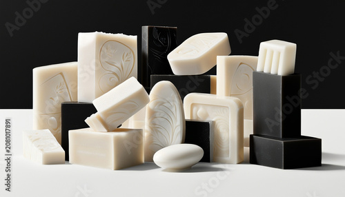 Abstract composition of several types of soap in different shapes, monochrome palette, contemporary art approach, designer background, branding concept