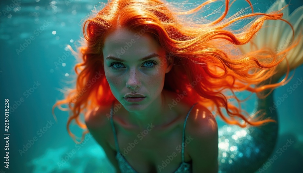 Obraz premium Red haired mermaid with blue eyes swims underwater in ocean. Her shiny tail glitters in blue water. Fiery hair floats around her face, creating magical atmosphere.