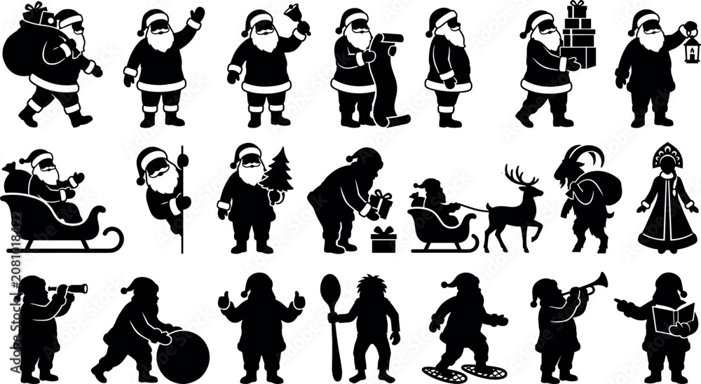 Fototapeta premium Santa Claus silhouettes collection festive Christmas characters reindeer and winter holiday graphics in image_27a452.png