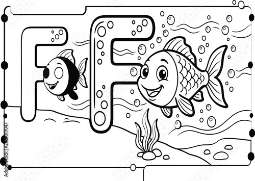 Letter F for Fish Coloring Page for Kids Alphabet Learning Worksheet, Cute Fish with Letter F Educational Coloring Book Page for Children 