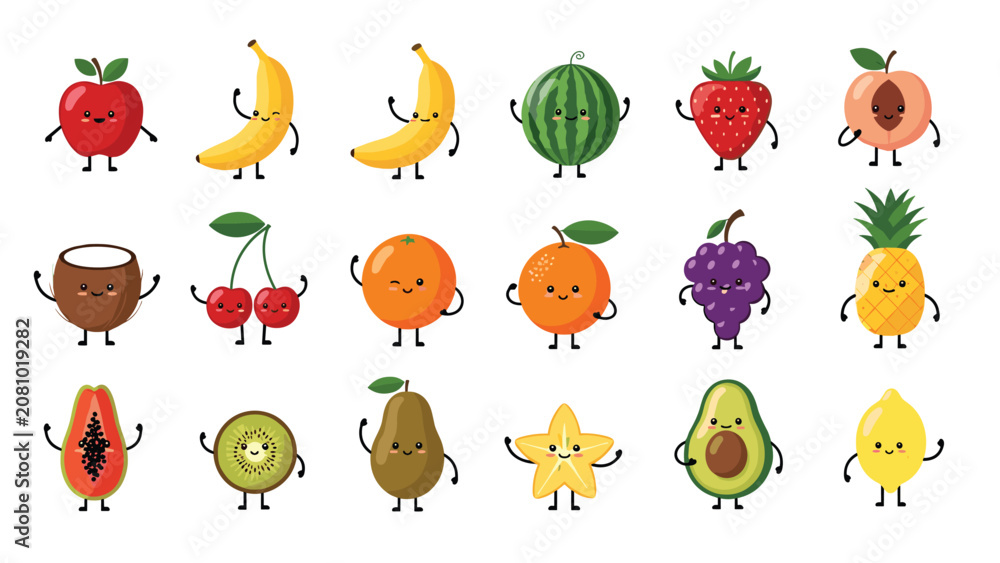 Fototapeta premium Big collection of adorable cartoon fruit characters with happy faces including apple, banana, orange, and pineapple.