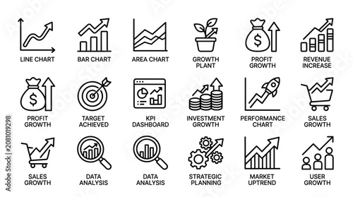 A collection of business and finance line icons representing growth, charts, analysis, and strategic planning for success.