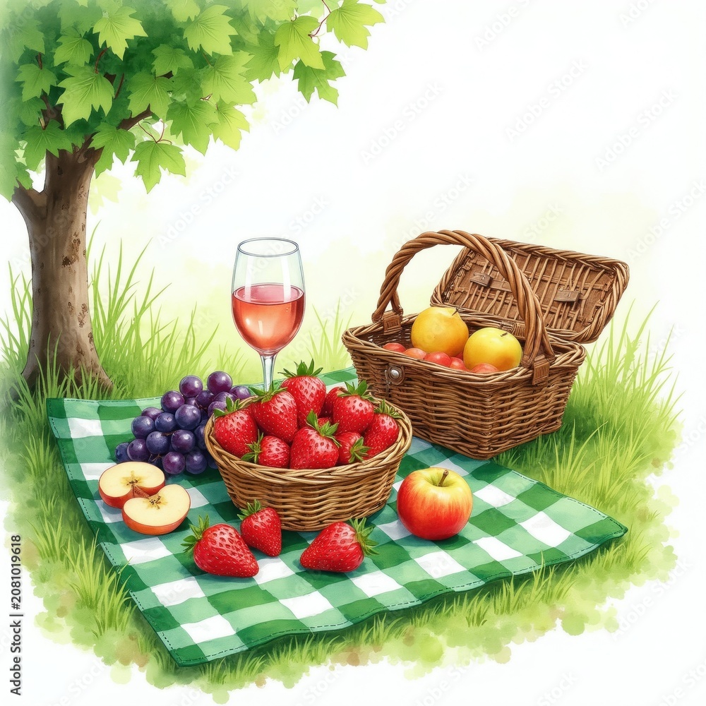 Fototapeta premium Watercolor illustration delightful picnic scene under shady tree. Green checkered blanket holds wicker basket filled with apples, fresh strawberries, grapes, alongside glass of rose wine, inviting