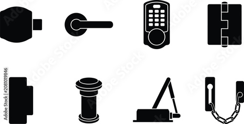 Black silhouette door hardware and security icon set featuring locks, handles, hinges, and closers.