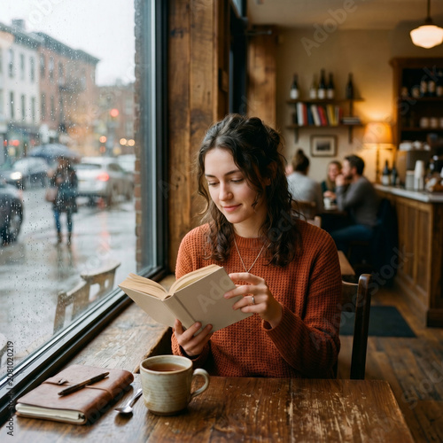 Young Woman Reading Blank Book Mockup in Cozy Coffee Shop by Rainy Window