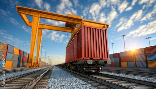 Industrial cargo terminal with container on a freight train and gantry crane