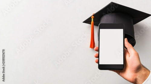 Image Content A hand holding a smartphone with a blank white screen. Behind the phone is a black graduation cap (mortarboard) with an orange tassel. The background is plain whitelight