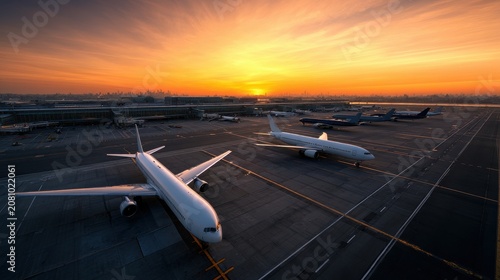 Commercial Airplanes Parked at Airport Gate during Dramatic Sunset